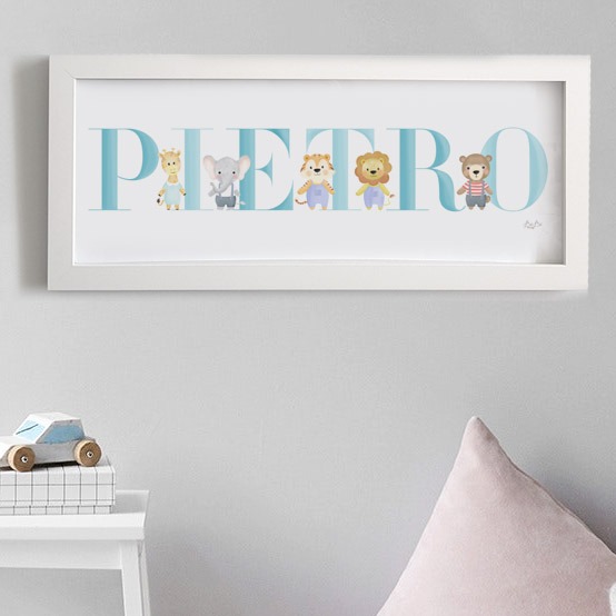 QUADRETTO LUNGO NOME PERSONALIZZATO con animaletti e colore scritta