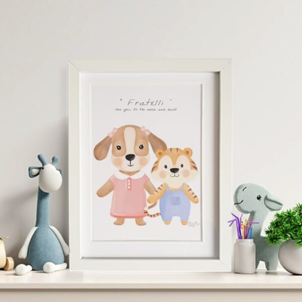 QUADRETTO PERSONALIZZATO FRATELLI E SORELLE CON ANIMALETTI E NOME PER CAMERETTA