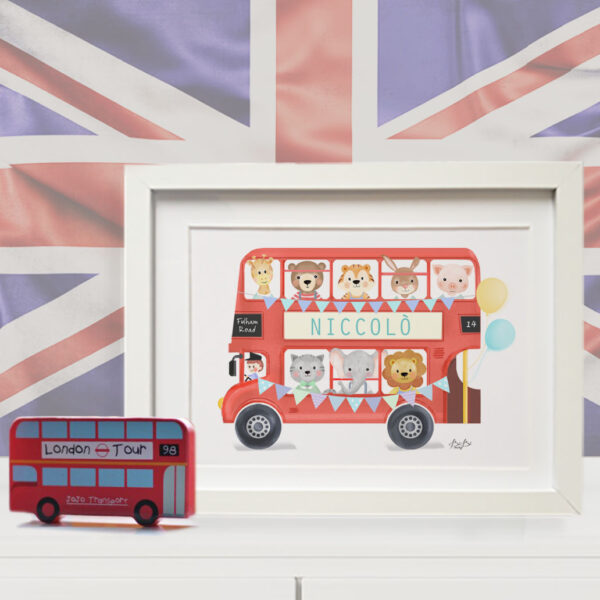 quadretto london bus personalizzato con animaletti per cameretta bimbo/ bimba