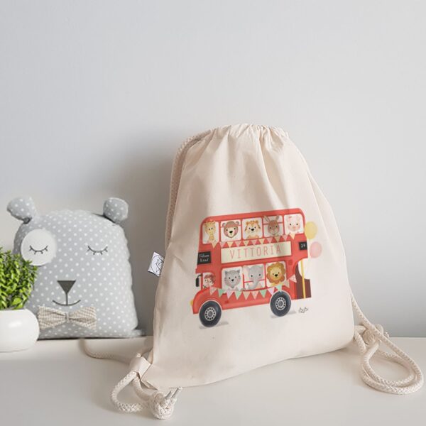 ZAINETTO A SACCHETTO PERSONALIZZATO LONDON BUS MASCHIO FEMMINA NOME E ANIMALETTI BIBIBABY