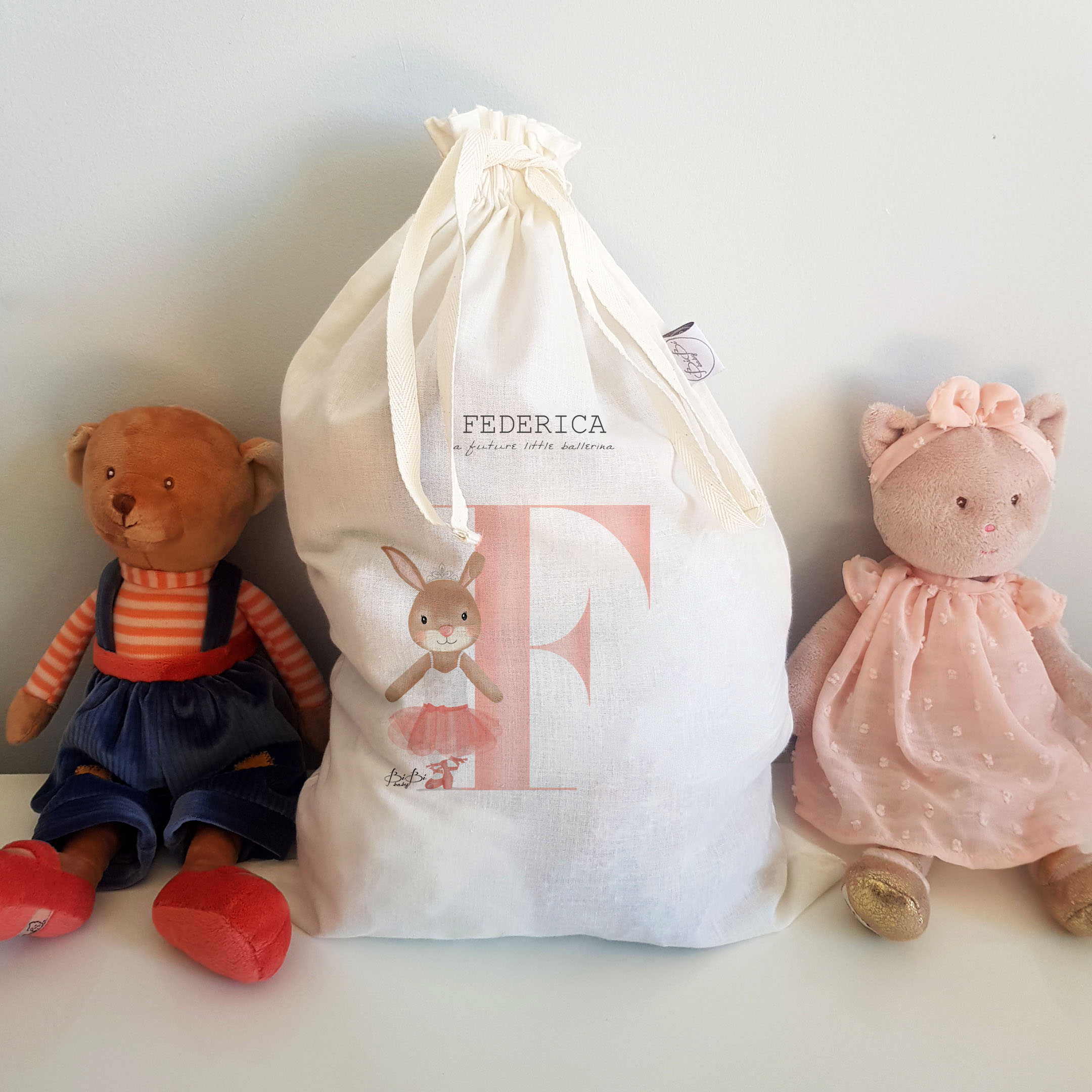sacchetto cotone personalizzato nome lettera animaletto bibibaby