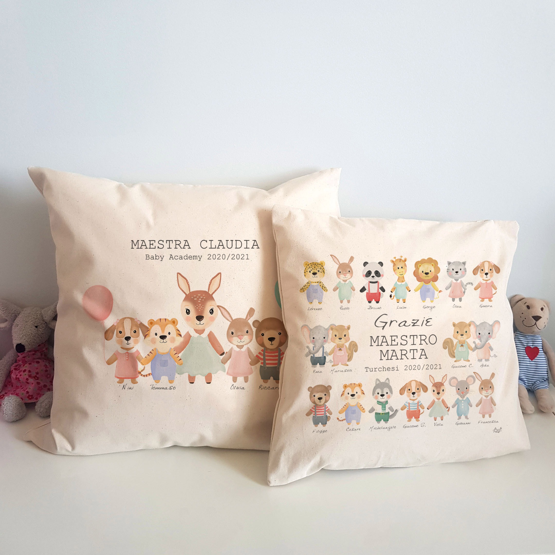 cuscino personalizzato per maestra classe alunni bibibaby, nome colore animaletto