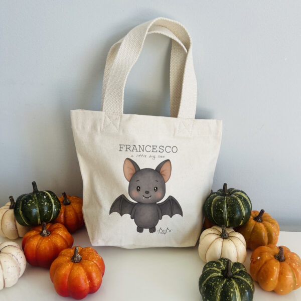 mini borsa, shopper, tote cotone personalizzata con nome scritta animaletto bibibaby halloween
